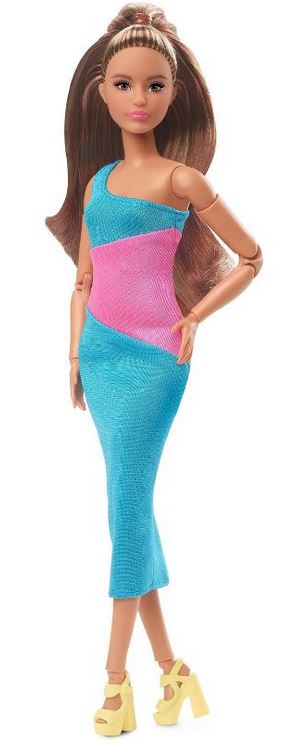 Mattel Barbie - Krajša punčka z rjavimi lasmi in roza-turkizno obleko (HJW82)