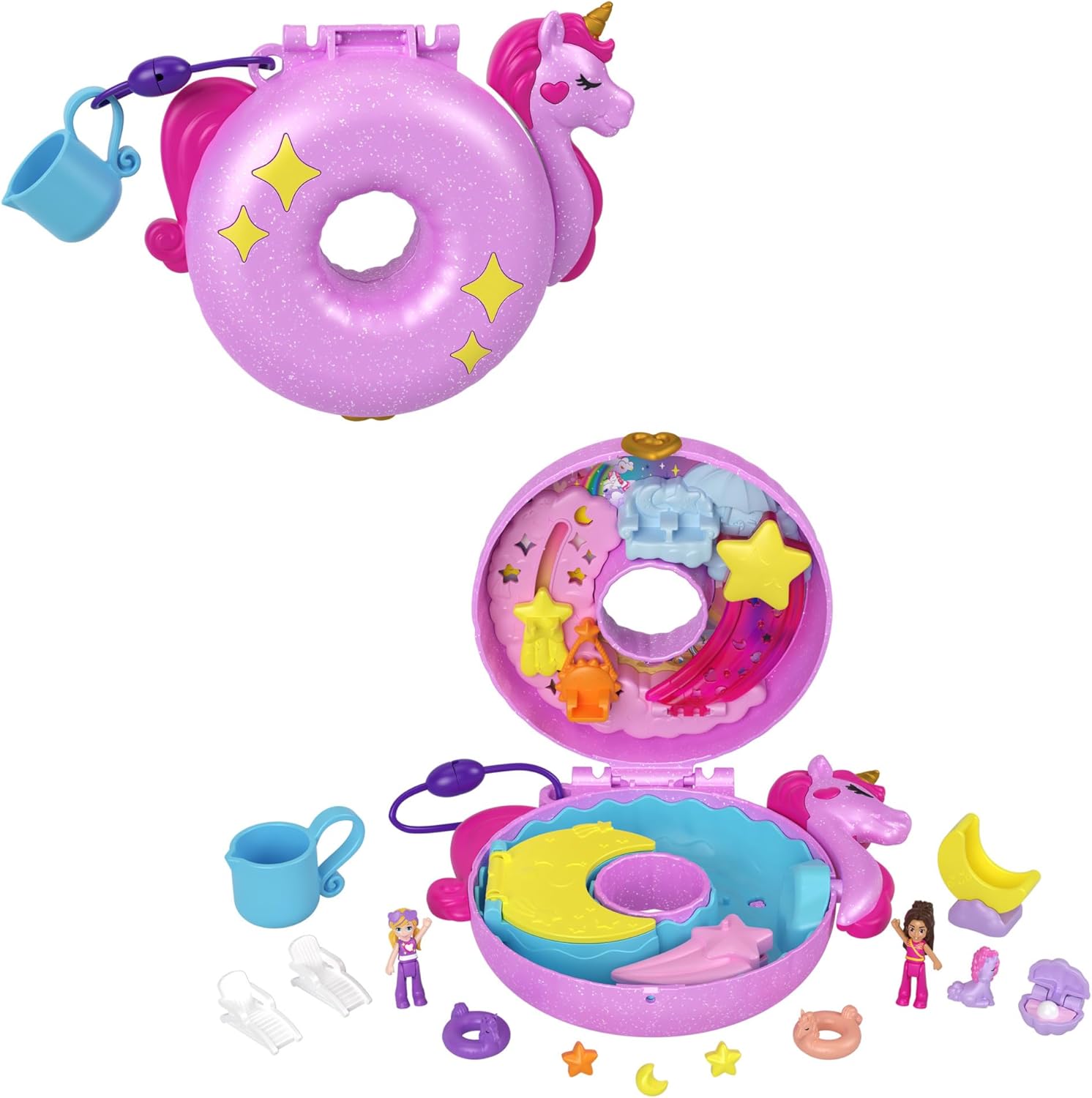Mattel Polly Pocket: Приключение в Sparkle Cove - Компактен еднорог на надуваем дюшек (HKV34)