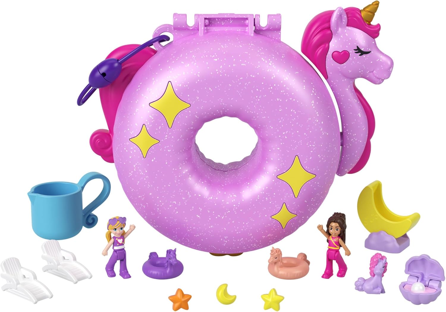 Mattel Polly Pocket: Приключение в Sparkle Cove - Компактен еднорог на надуваем дюшек (HKV34)